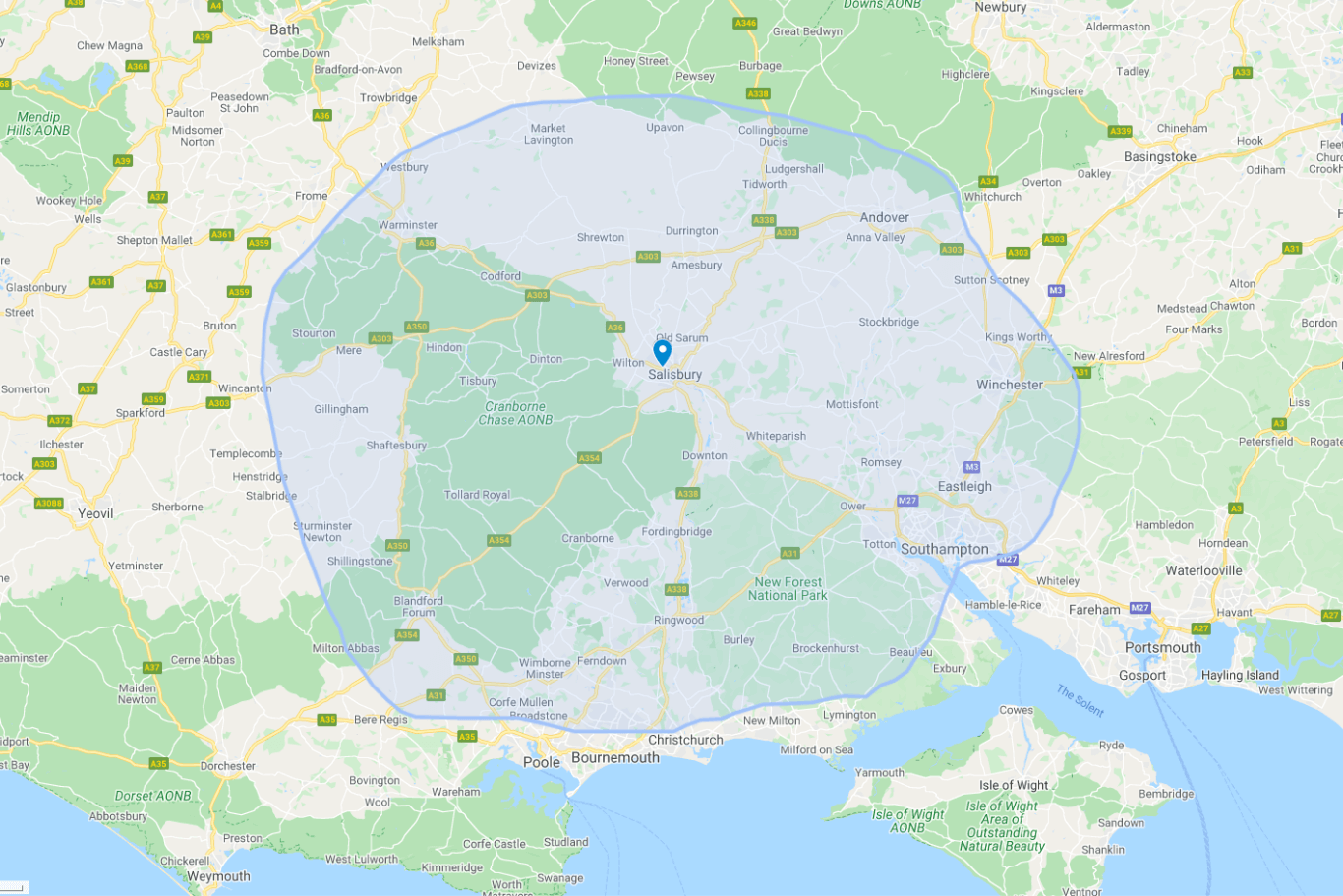 Google map with a circled area around wiltshire and hampshire.