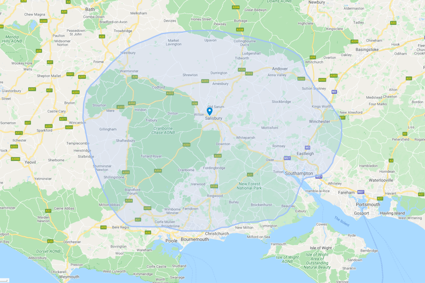 Google map with a circled area around wiltshire and hampshire. Google map with a circled area around wiltshire and hampshire.