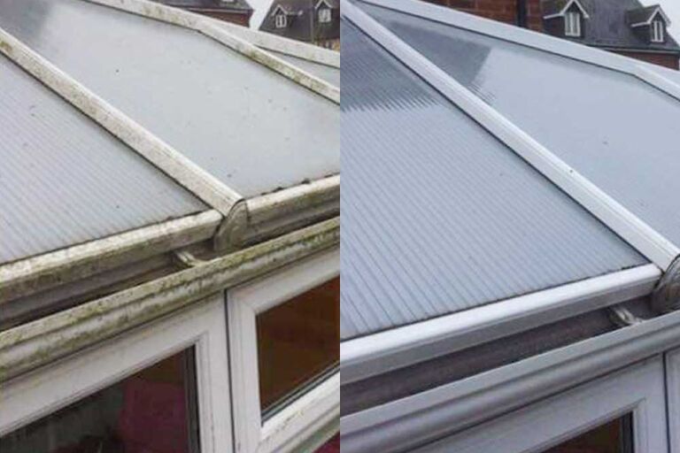 Before and after conservatory roof clean close up.